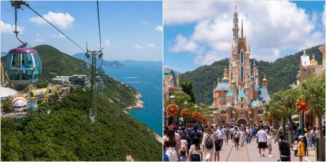 คอลลาจสถานที่ล้วนแสดงกระเช้าและชายฝั่ง Ocean Park คู่กับปราสาท Hong Kong Disneyland