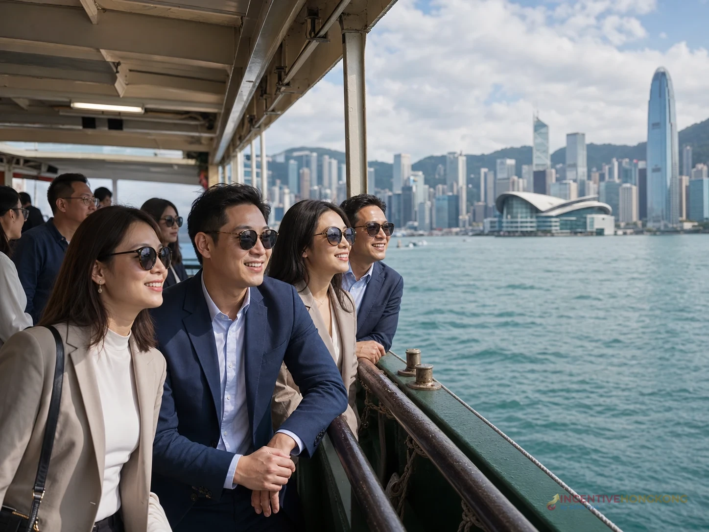 กรุ๊ปบริษัทอยู่ร่วมกันบนดาดฟ้า Star Ferry พร้อมวิวอ่าววิคตอเรีย