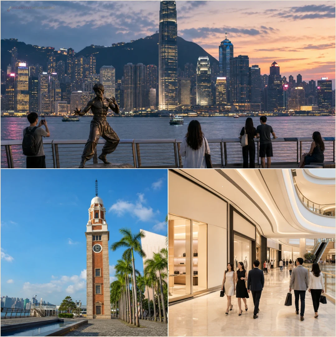 คอลลาจบรรยากาศสามจุดในจิมซาจุ่ย ได้แก่ Avenue of Stars บริเวณ Clock Tower และพื้นที่ช้อปปิ้งในร่ม