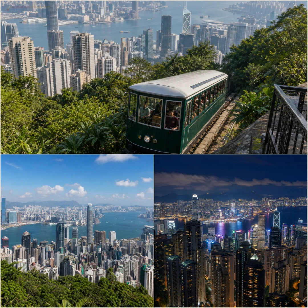คอลลาจสถานที่ล้วนแสดง Peak Tram วิววิคตอเรียพีคกลางวัน และเส้นขอบฟ้าฮ่องกงยามค่ำ
