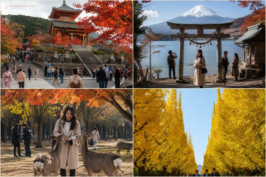 คอลลาจจุดชมใบไม้เปลี่ยนสีในเกียวโต ฮาโกเน่ นารา และโตเกียว