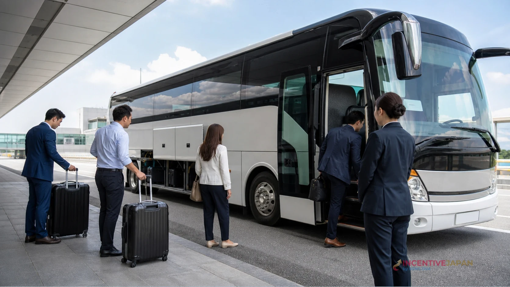 กรุ๊ปบริษัทขึ้นรถโค้ชส่วนตัวที่สนามบินญี่ปุ่นสำหรับเริ่มโปรแกรมฮอกไกโดฤดูหนาว