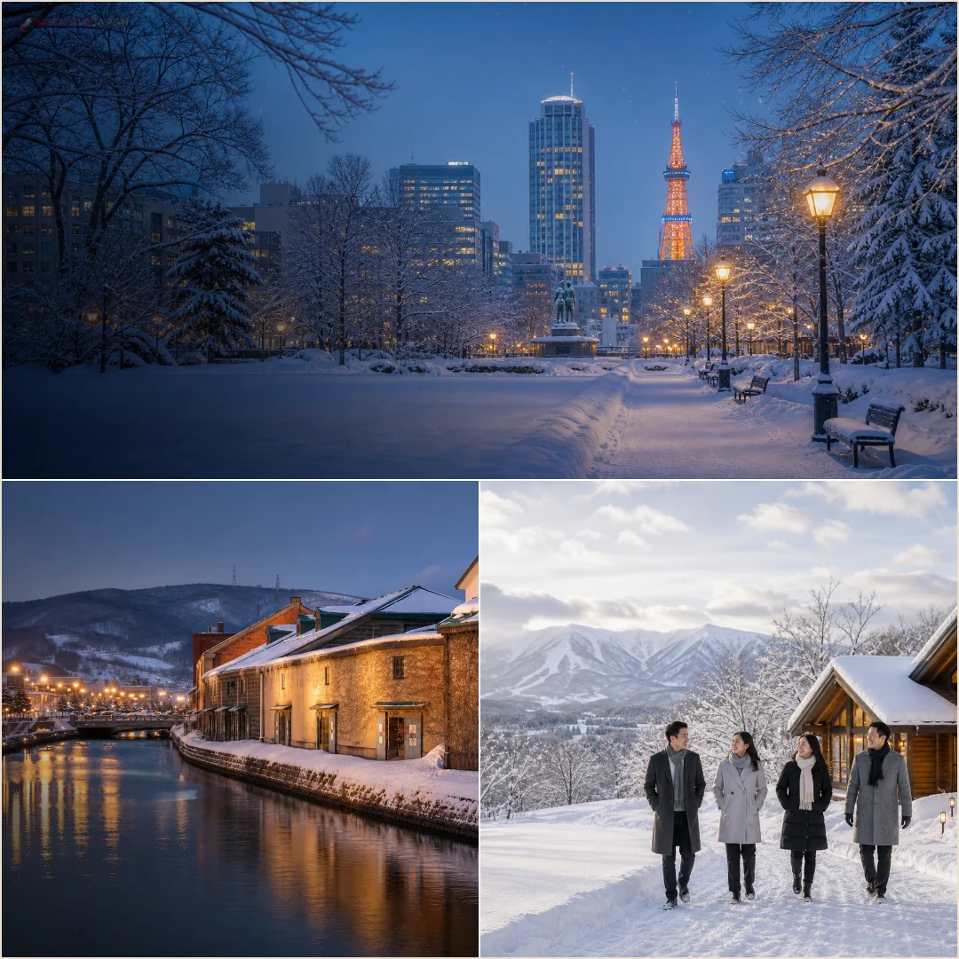 คอลลาจสถานที่ฤดูหนาวในซัปโปโร โอตารุ และลานหิมะสำหรับโปรแกรมฮอกไกโด 6 วัน