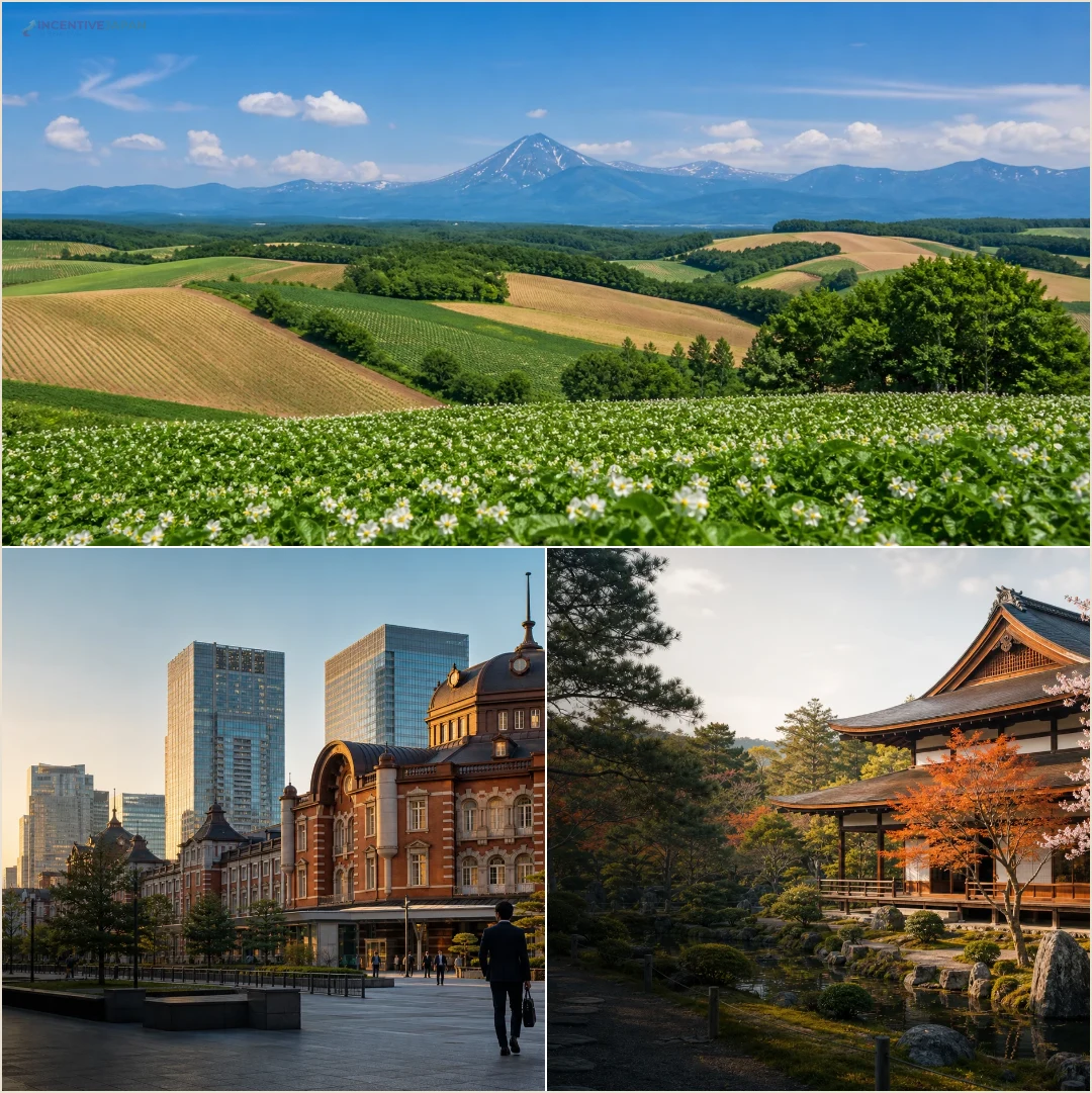คอลลาจสถานที่ฮอกไกโด โตเกียว และเกียวโตสำหรับเปรียบเทียบภูมิภาคทริปใบไม้แดง