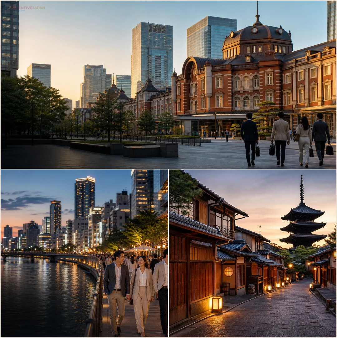 คอลลาจบรรยากาศเมืองโตเกียว โอซาก้า และเกียวโตสำหรับวางแผนช่วงอิสระยามค่ำ