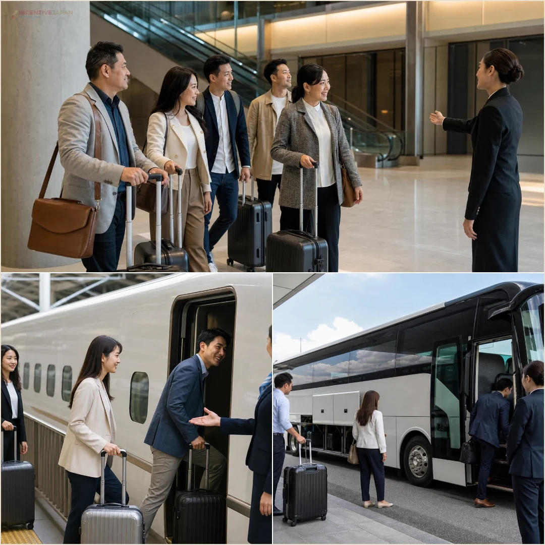 คอลลาจคนล้วนแสดงทีมองค์กรไทยที่สนามบิน การขึ้นชินคันเซ็น และการเดินทางด้วยรถโค้ชในญี่ปุ่น