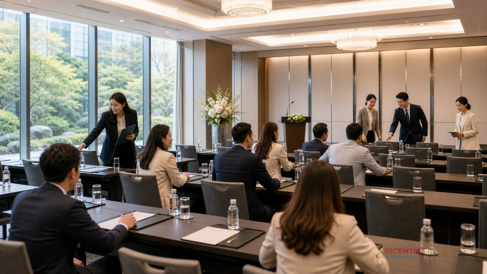 ทีมองค์กรในห้องประชุมโรงแรมญี่ปุ่นพร้อมจอและอุปกรณ์ประชุม