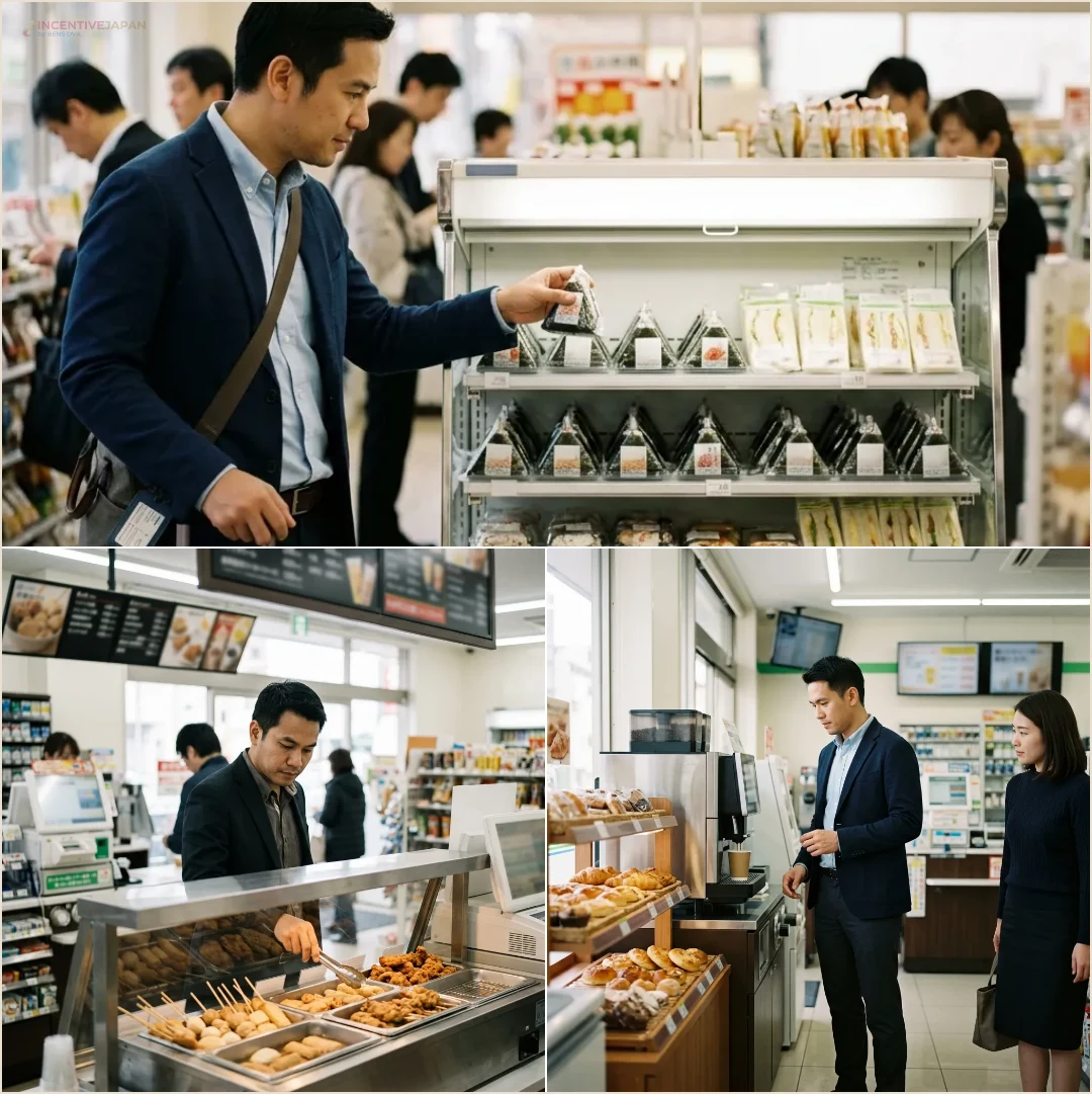 คอลลาจของกินในเซเว่นญี่ปุ่น ยังไม่มีภาพชั้นวางโอนิกิริ แซนด์วิช และมุมกาแฟในคลังที่ตรงหัวข้อนี้