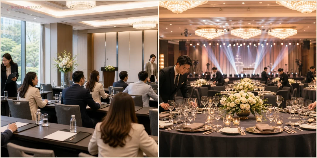 คอลลาจบรรยากาศทีมประชุมในห้องจัดงานและเจ้าหน้าที่เตรียม gala dinner สำหรับโปรแกรม MICE ญี่ปุ่น