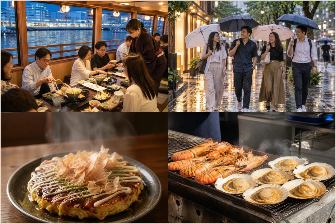 คอลลาจมื้อค่ำบนเรือยะคะตะบุเนะยามค่ำ ถนนกลางคืนมีร้านเปิดไฟ และอาหารปิ้งย่าง/โอโคโนมิยากิ สื่อย่านกินดื่มใกล้สถานี