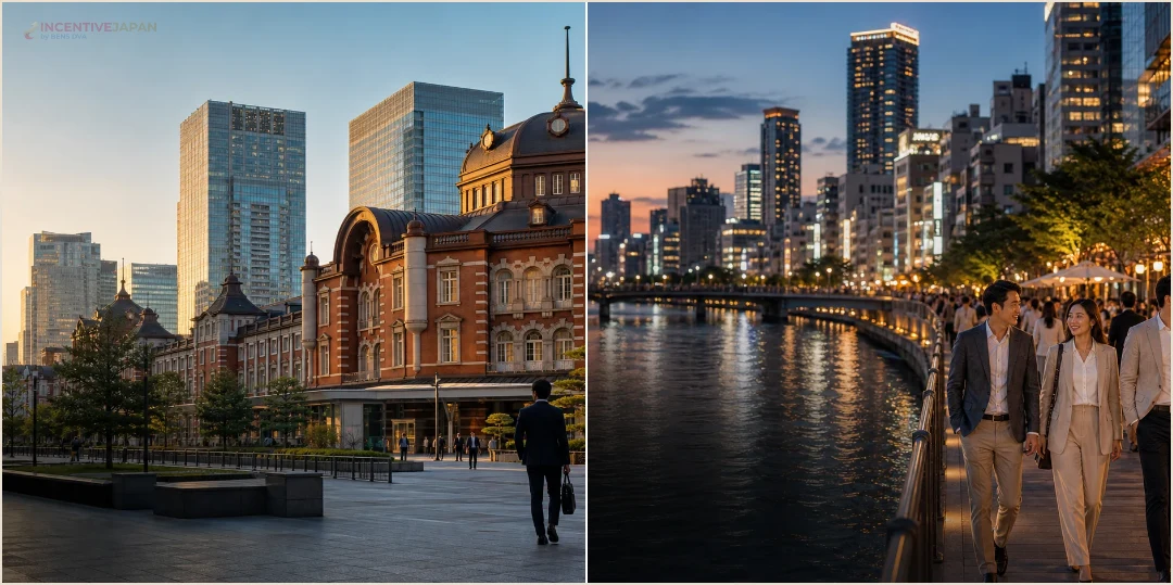 คอลลาจสถานที่ล้วนแสดงเส้นขอบฟ้าโตเกียวและย่านโดทงโบริโอซาก้าสำหรับวางช่วงช้อปปิ้งของกรุ๊ป
