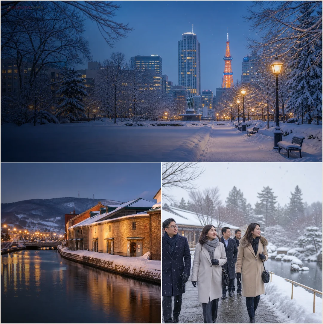 คอลลาจสถานที่ฤดูหนาวในซัปโปโร โอตารุ และฮอกไกโดสำหรับออกแบบวันหิมะ