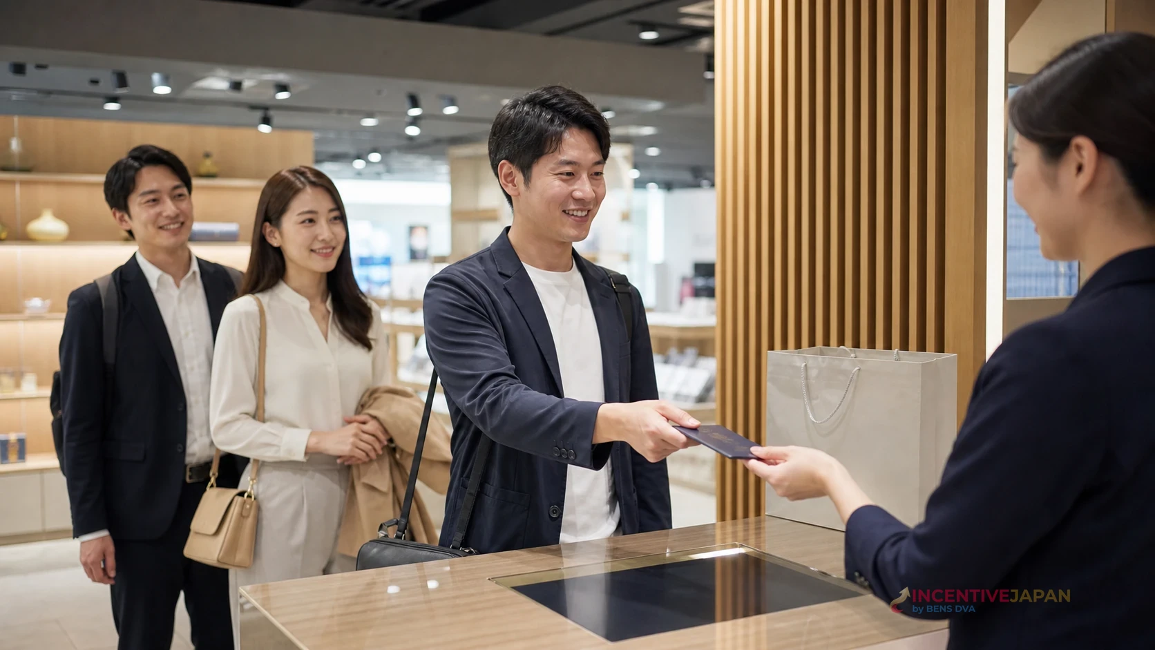สมาชิกกรุ๊ปบริษัทแสดงพาสปอร์ตโดยปิดข้อมูลส่วนตัวที่เคาน์เตอร์ Tax-Free ในญี่ปุ่น