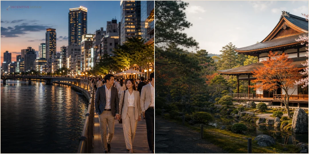 คอลลาจบรรยากาศเมืองโอซาก้าและวัดสวนญี่ปุ่นในเกียวโต