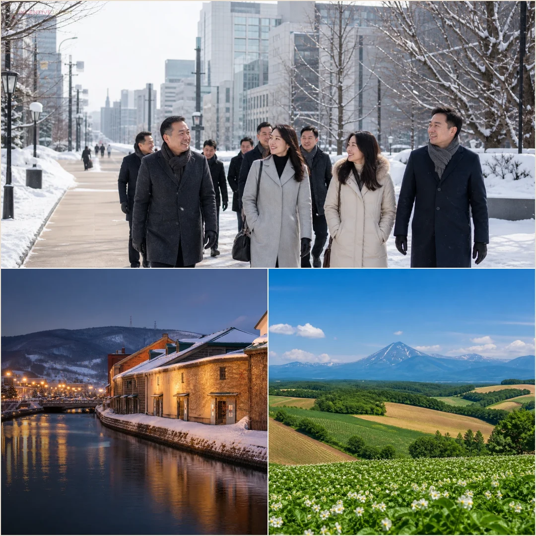 คอลลาจสถานที่ล้วนแสดงเมืองซัปโปโรฤดูหนาว คลองโอตารุ และภูมิทัศน์ฮอกไกโดในเส้นทางกรุ๊ปครึ่งวัน