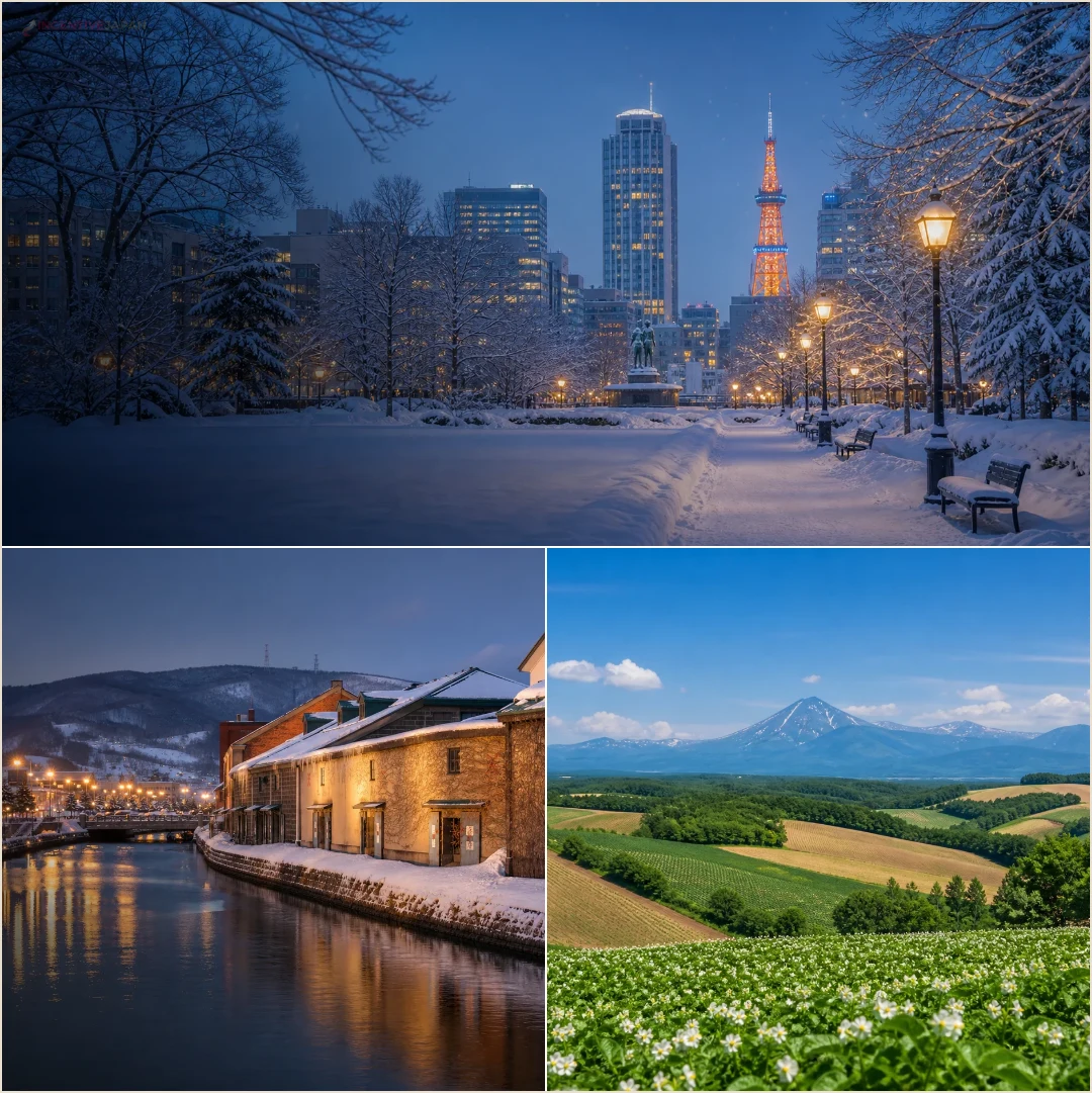 คอลลาจสถานที่ฤดูหนาวในซัปโปโร โอตารุ และเส้นทางหิมะฮอกไกโดสำหรับวางแผนทริปองค์กร
