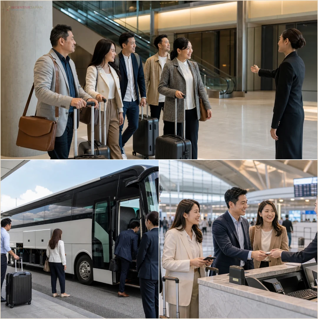คอลลาจคณะบริษัทในขั้นตอนสนามบิน รถโค้ช และเช็กอินโรงแรมสำหรับวางแผนเส้นทางสัมภาระในญี่ปุ่น