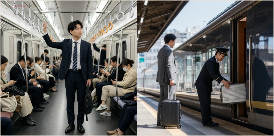 คอลลาจผู้โดยสารแน่นในตู้รถไฟโตเกียวและชานชาลาสถานีรถไฟ เช็คช่วงเวลาสายรถไฟคนใช้เยอะ