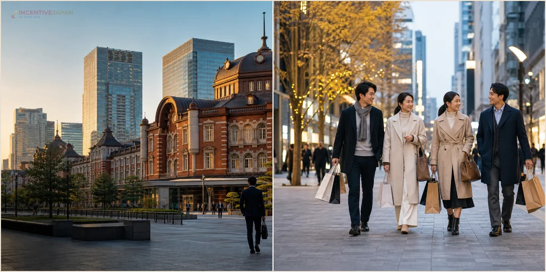คอลลาจทีมบริษัทในโตเกียว ระหว่างเดินในย่านสถานีโตเกียวและช่วงซื้อของในย่านการค้า