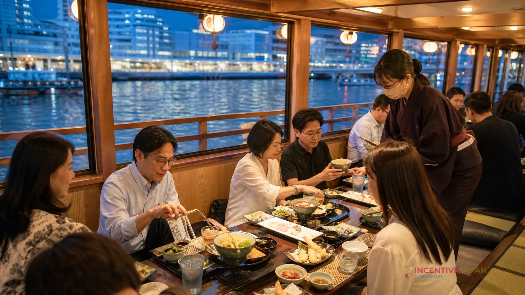 ทีมองค์กรไทยรับประทานอาหารญี่ปุ่นภายในเรือยากาตะบุเนะที่โตเกียว
