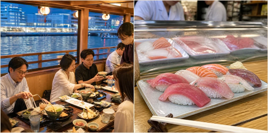 คอลลาจมื้ออาหารบนเรือยากาตะบุเนะ บรรยากาศโต๊ะทานอาหารในเรือและซูชิปลาสด