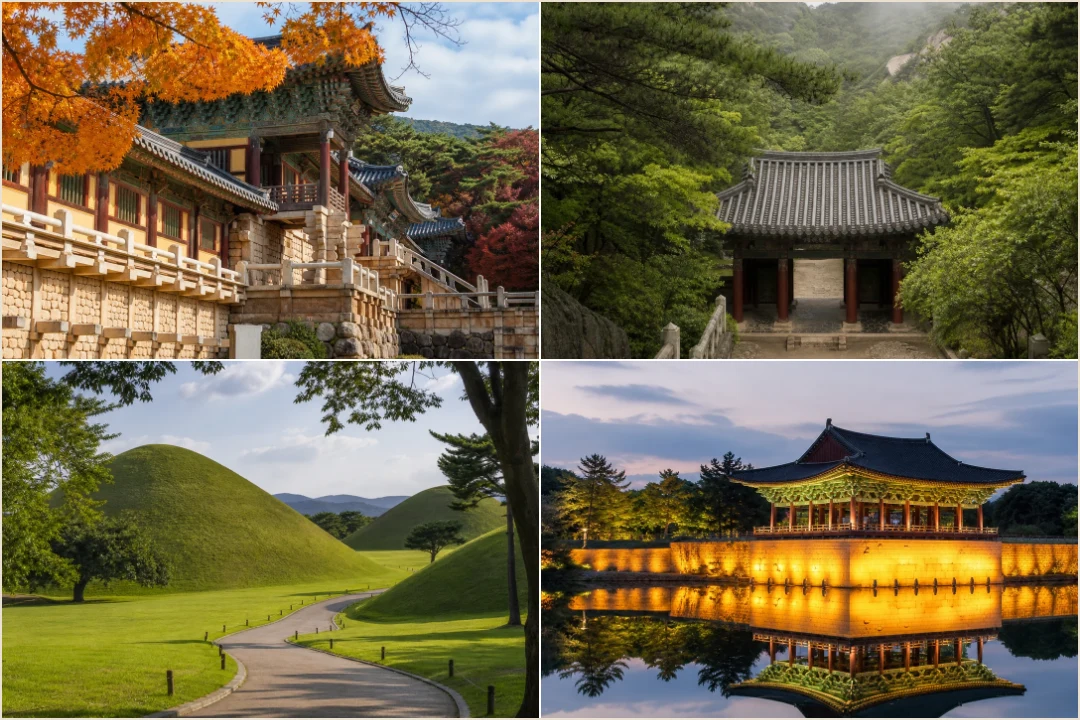 คอลลาจสถานที่มรดกในเคียงจู ได้แก่ พุลกุกซา ซอกคูรัม แทรึงวอน และทงกุงกับสระวอลจี