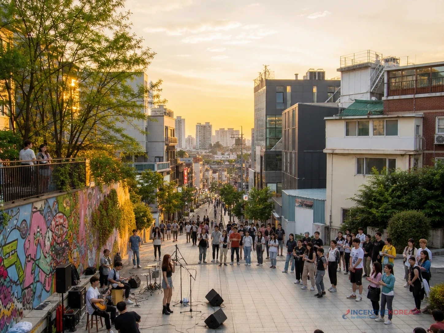 บรรยากาศถนนฮงแดช่วงค่ำสำหรับวางแผนกิจกรรมกรุ๊ปบริษัท