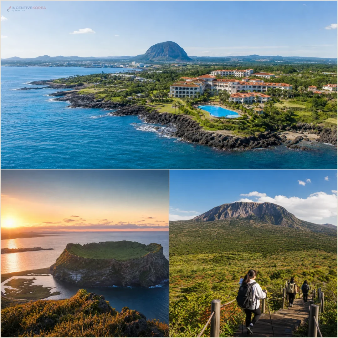 คอลลาจสถานที่บนเกาะเจจูที่ใช้เป็นบริบทของรีทรีต ได้แก่ รีสอร์ตริมทะเล ซองซานอิลชุลบง และเส้นทางฮัลลาซาน