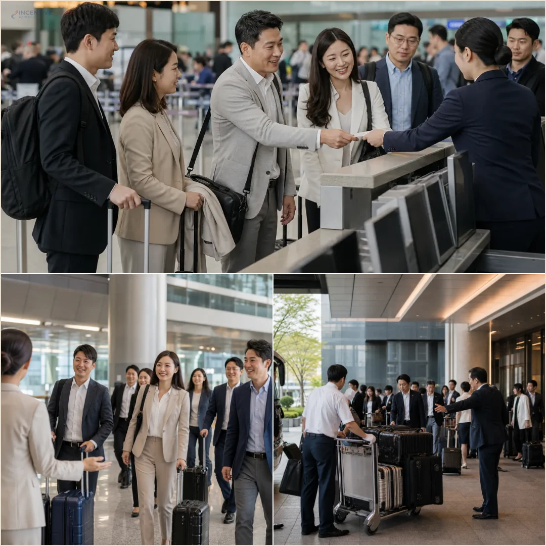 คอลลาจทีมบริษัทที่เคาน์เตอร์เช็คอิน จุดมาถึงสนามบินอินชอน และจุดจัดกระเป๋าในโรงแรมเกาหลี