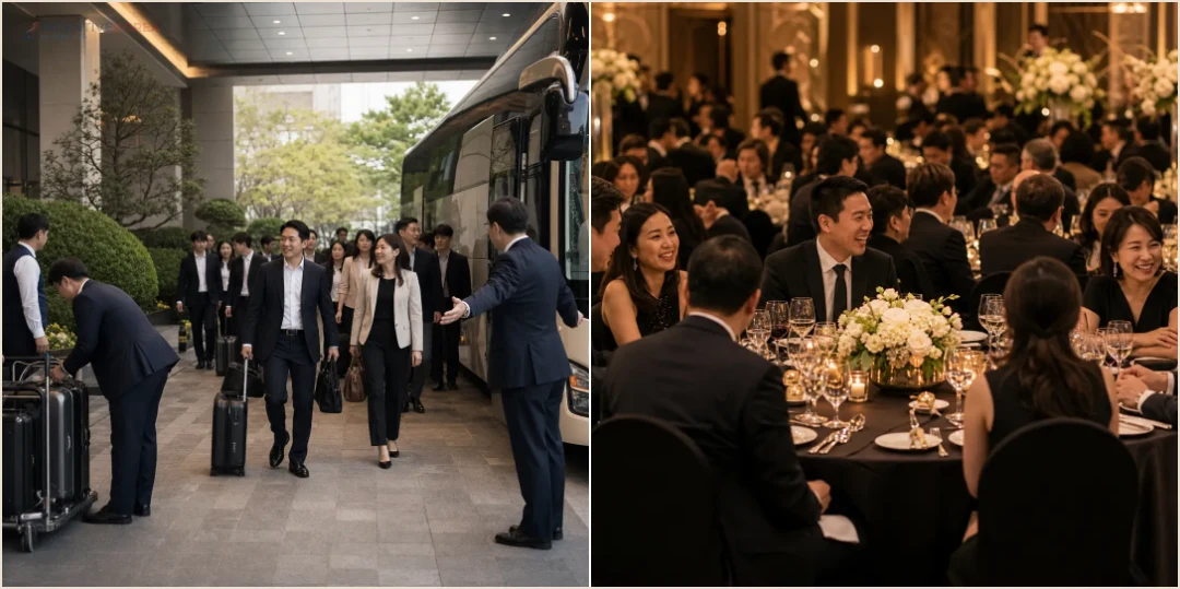 คอลลาจกรุ๊ปองค์กรขึ้นรถโค้ชและร่วมงาน gala dinner ในเกาหลี