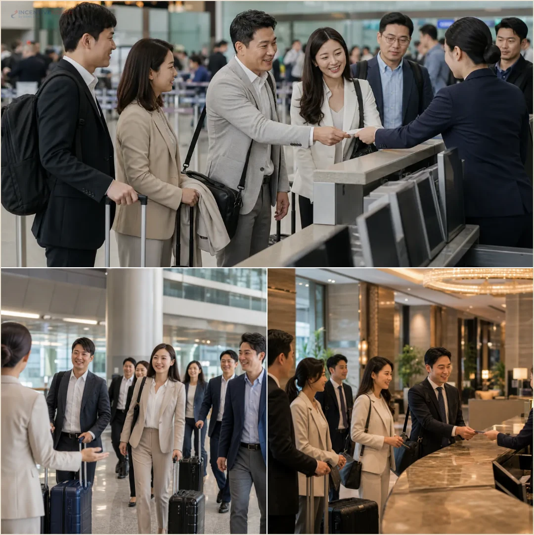 คอลลาจทีมบริษัทที่เคาน์เตอร์เช็คอิน จุดมาถึงสนามบิน และล็อบบี้โรงแรมในเกาหลี