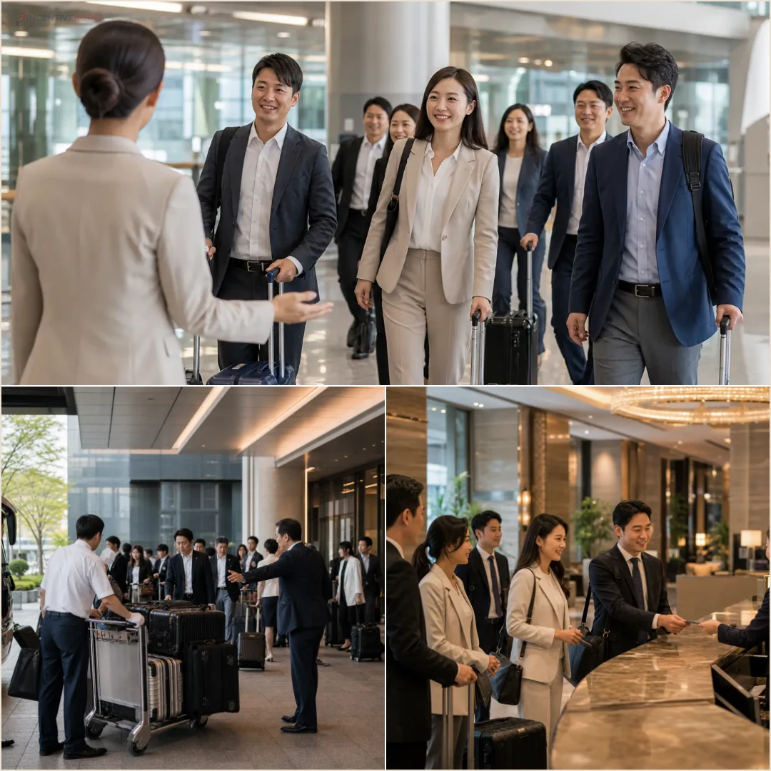 คอลลาจทีมบริษัทเดินทางถึงเกาหลี จัดกระเป๋า และเช็คอินโรงแรมก่อนขึ้นรถกรุ๊ป