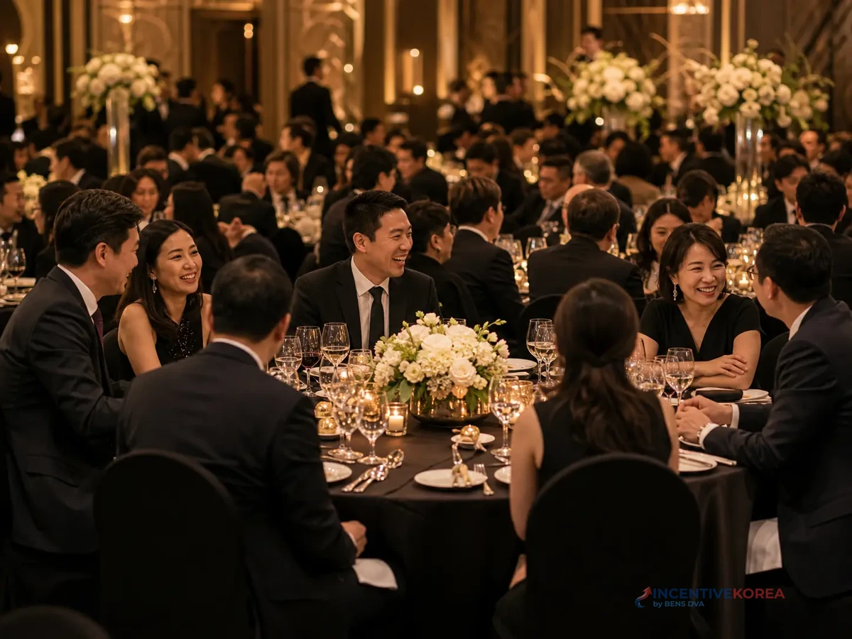 บรรยากาศ gala dinner ของทริปองค์กรเกาหลีที่ใช้เป็นจุดขายของโปรแกรม 5 วัน 4 คืน