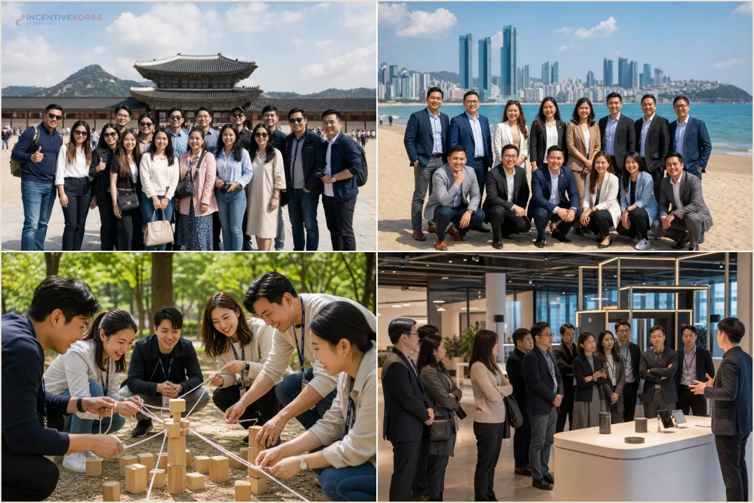 คอลลาจตัวอย่างโปรแกรมทัวร์เกาหลี ถ่ายภาพหน้าพระราชวัง เล่นกิจกรรม teambuilding ชายหาดปูซาน และเยี่ยมชมศูนย์นวัตกรรม
