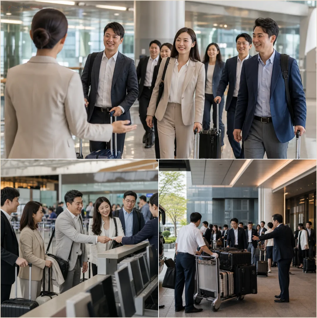 คอลลาจทีมบริษัทเดินทางถึงสนามบิน เช็คอินเที่ยวบินกรุ๊ป และจัดกระเป๋าก่อนบินภายในเกาหลี