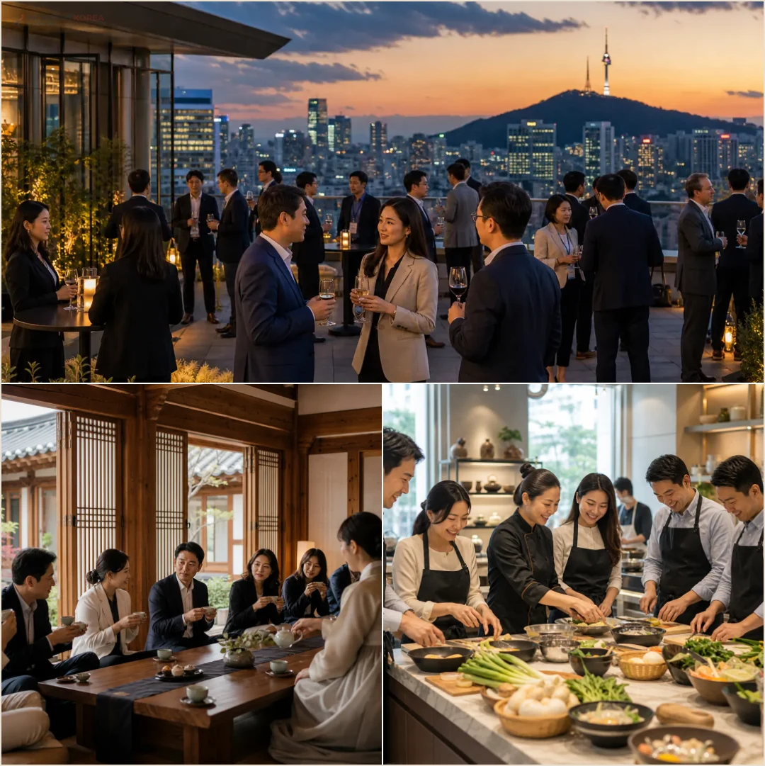 คอลลาจทีมองค์กรสร้างสัมพันธ์ผ่านงาน reception ร้านชาดั้งเดิม และคลาสทำอาหารเกาหลี