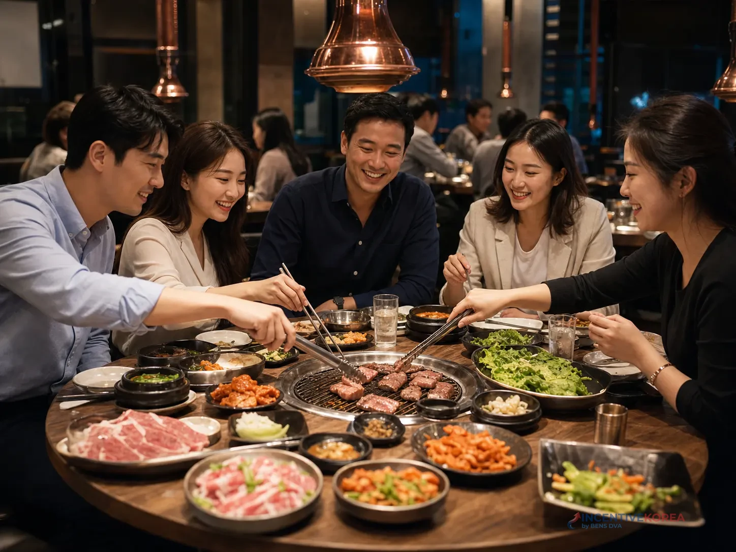 ทีมบริษัทในมื้อ Korean BBQ สำหรับประกอบคำแนะนำเรื่องหัวหน้าโต๊ะและการเรียกพนักงาน
