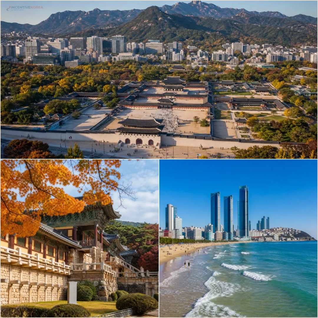 คอลลาจสถานที่ในโซล เกียงจู และปูซานสำหรับวางเส้นทางทริปองค์กรเกาหลีหลายเมือง