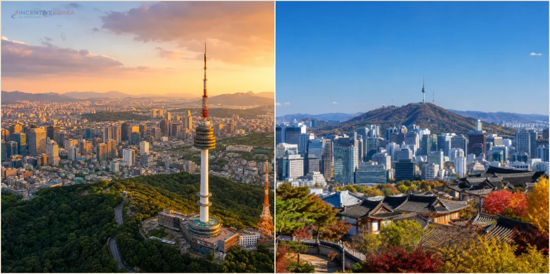 คอลลาจวิว N Seoul Tower และเส้นขอบฟ้าโซลช่วงก่อนพระอาทิตย์ตกสำหรับวางเวลาเยี่ยมชม
