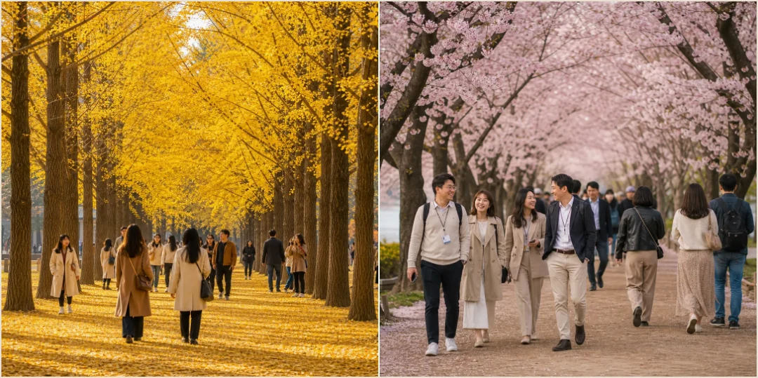คอลลาจบรรยากาศเกาะนามิฤดูใบไม้ร่วงและฤดูดอกไม้สำหรับวางช่วงแสงตามวันจริง
