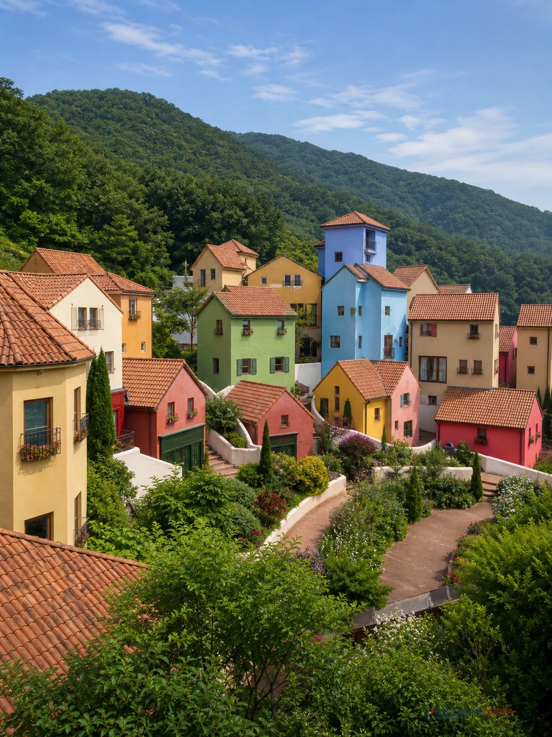 อาคารสีสันใน Petite France ที่กาพยองสำหรับจุดถ่ายภาพหมู่ของกรุ๊ปบริษัท