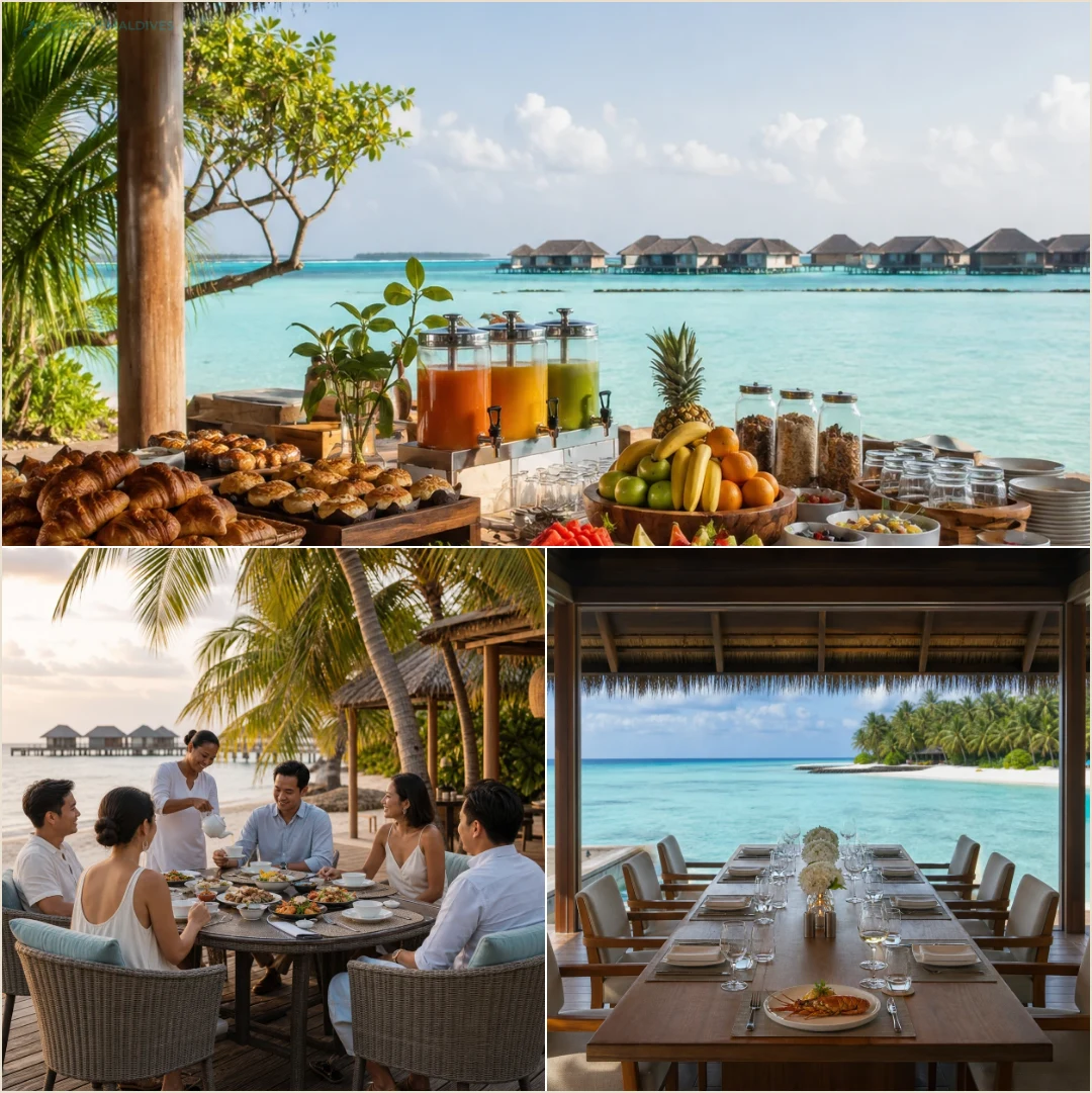 คอลลาจบุฟเฟ่ต์เช้าริมทะเล มื้อพิเศษชายหาดที่มีพนักงานเสิร์ฟ และโต๊ะไฟน์ไดนิ่งกุ้งมังกรที่ต้องจองล่วงหน้า