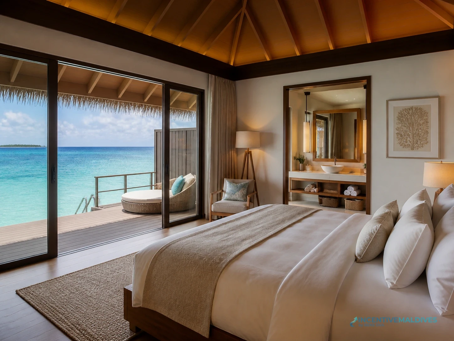 ห้องพักรีสอร์ทมัลดีฟส์มองเห็นทะเล ใช้ประกอบการวาง room mix สำหรับกรุ๊ปองค์กร