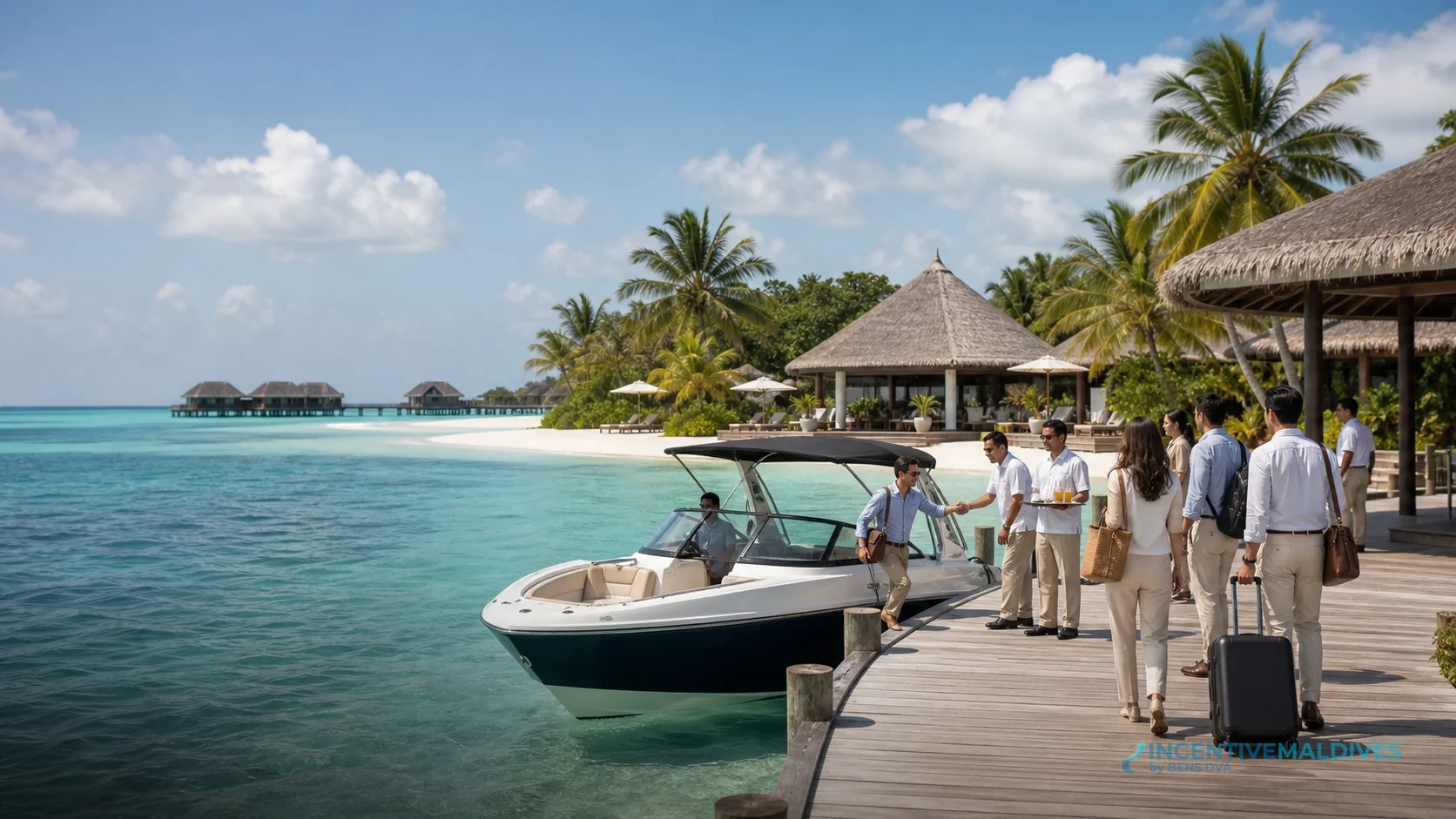 กรุ๊ปองค์กรเดินทางถึงรีสอร์ตใน Emboodhoo Lagoon มัลดีฟส์