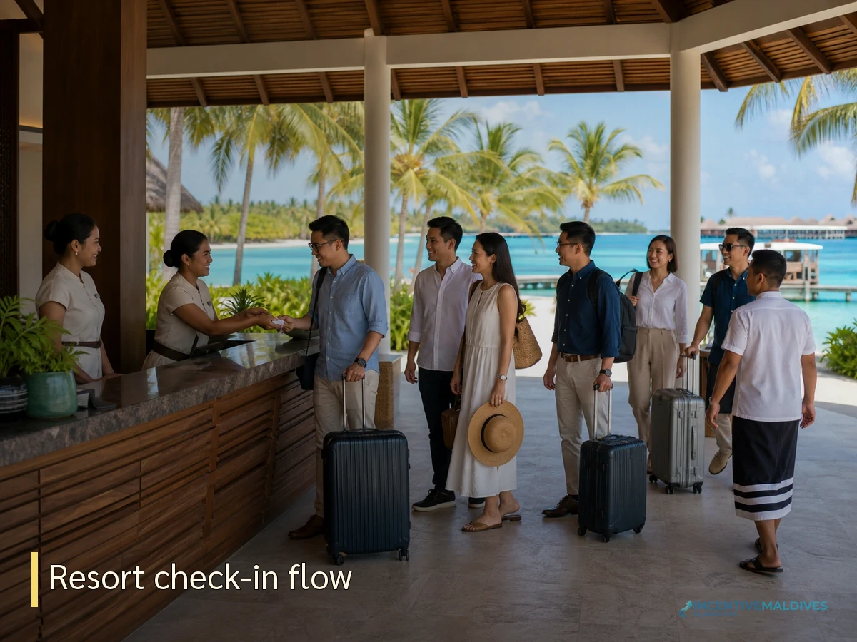 ภาพกรุ๊ปองค์กรเดินทางถึง Hard Rock Maldives ด้วย speedboat