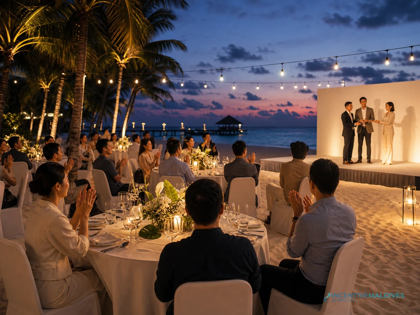 เวทีมอบรางวัลงานบริษัทริมชายหาดมัลดีฟส์พร้อมแสงสำหรับช่วงค่ำ
