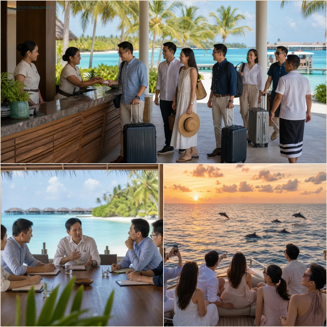 คอลลาจ cost drivers ของงบทริปองค์กรมัลดีฟส์ เช่น ห้องพัก เรือ transfer และ gala dinner