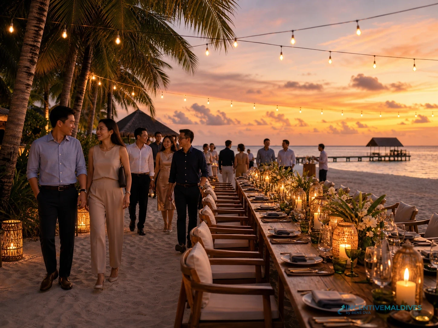 งานกาลาดินเนอร์ของกรุ๊ปองค์กรริมชายหาดมัลดีฟส์สำหรับวางแผนสิทธิ์กรุ๊ปและพื้นที่จัดงาน
