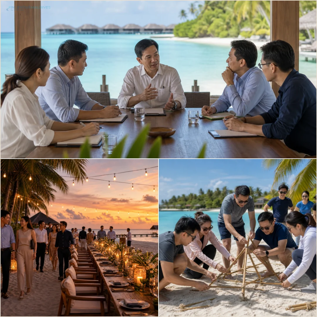 คอลลาจสถานการณ์ใช้งานทริปองค์กรมัลดีฟส์ เช่น reward trip, executive retreat และ gala dinner