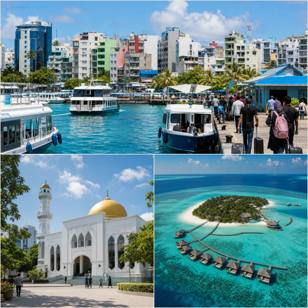 คอลลาจสถานที่แบบไม่มีคน แสดงท่าเรือมาเล่ มัสยิดในมาเล่ และเกาะรีสอร์ทส่วนตัวของมัลดีฟส์